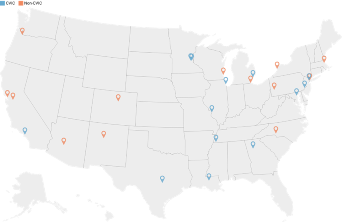 map of the united states with markers on 26 cities. 13 markers are in blue and 13 are in orange